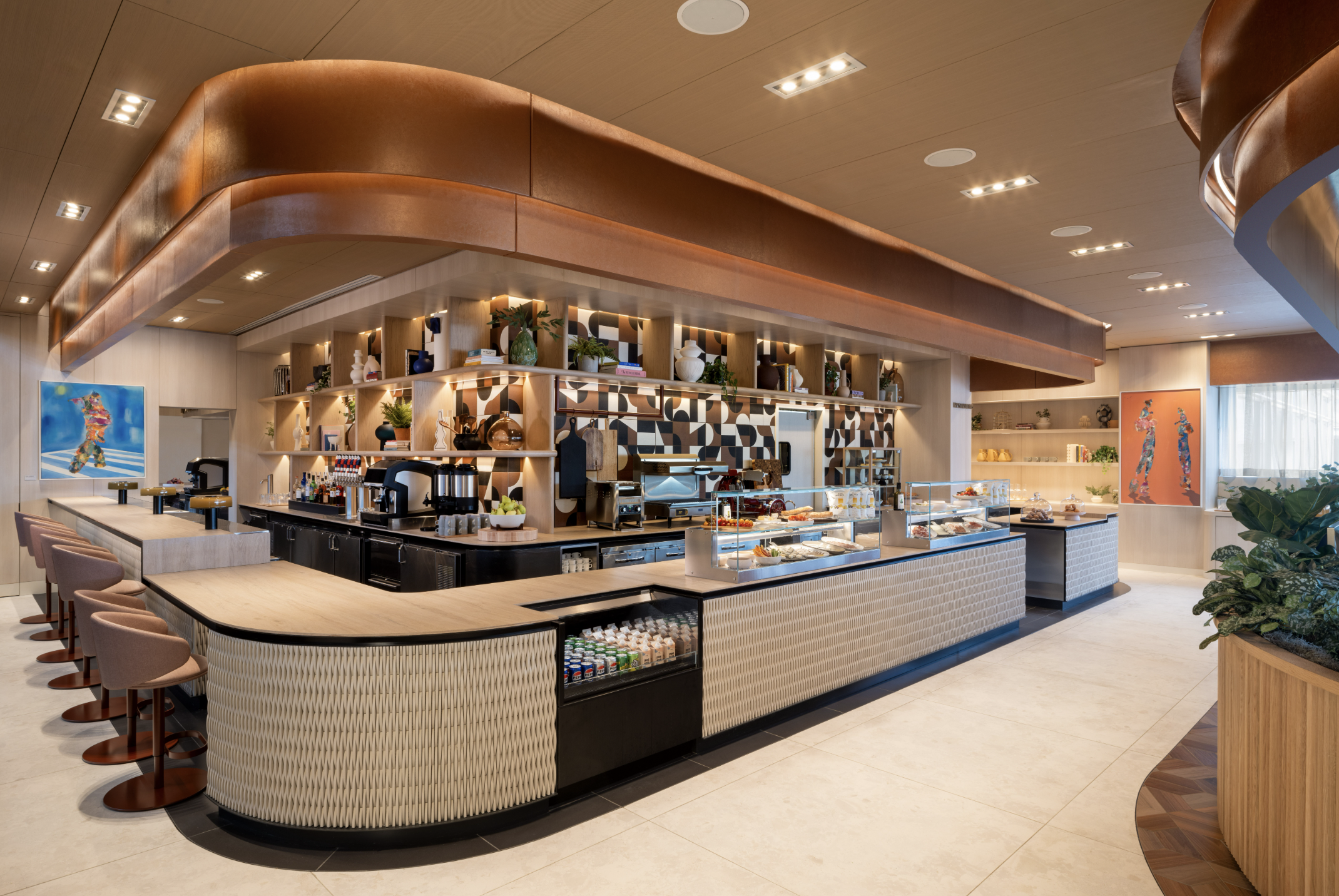 a food court with a counter and shelves